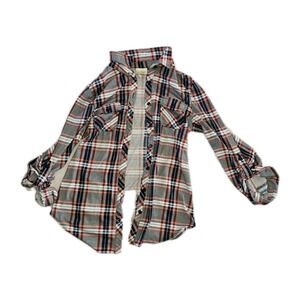 Passport Women's Multicolor Plaid Long Roll Tab Sleeve Button Up Top Size S #952